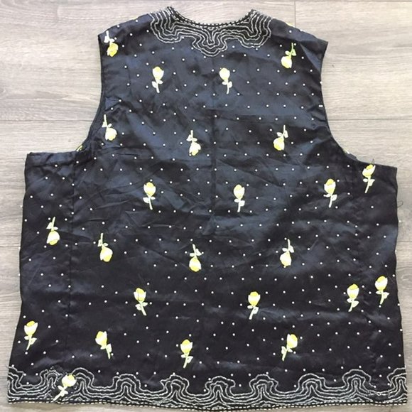 Handmade Embroidered Beaded Plus Size 22-24 Black Vest Pearl Beads Yellow Flower - Picture 2 of 7